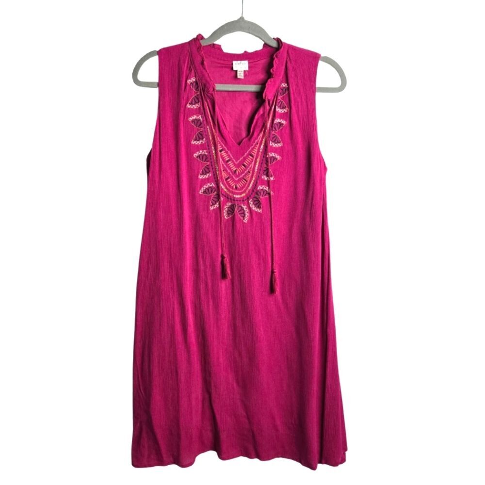 Cupio Boho Embroidered Tunic Dress Gauzy Tassel Notch Neck Lined Sz M